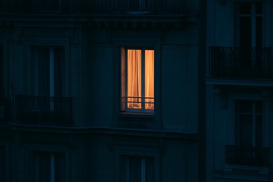 Night view of a single illuminated window in a dark apartment building facade in paris
