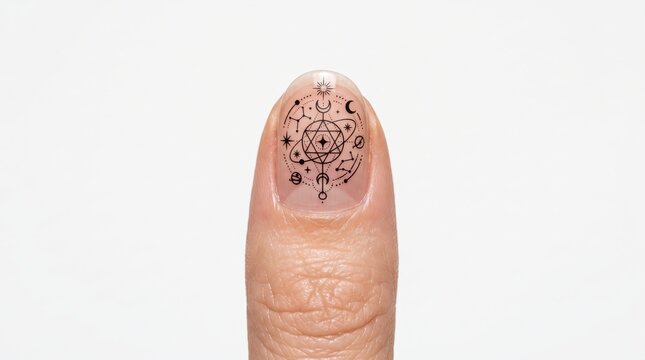 Cosmic Nail Tattoo on Manicured Thumb, Fine Line Geometric Dotwork Nail Art, Minimalist Black Ink Beauty Macro Photography