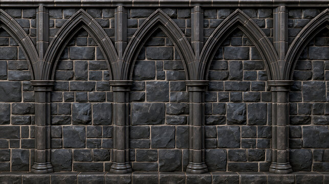 Gothic brick wall dark stone architectural background texture with pointed arch detail and symmetrical pattern