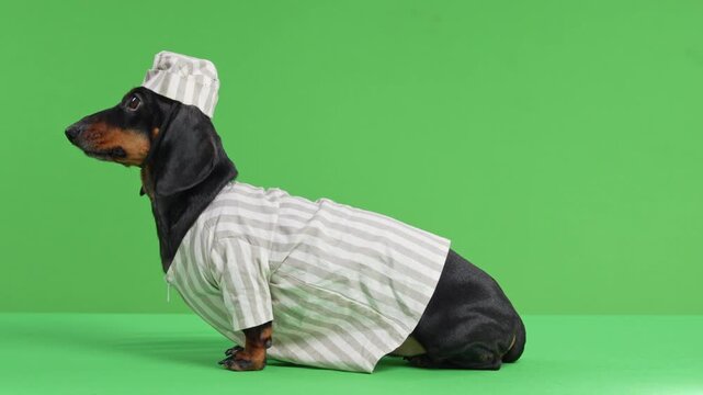 A black and tan dachshund dog wearing a striped jail uniform and matching cap sits in side profile against a green screen, a playful take on crime, punishment and law enforcement themes.