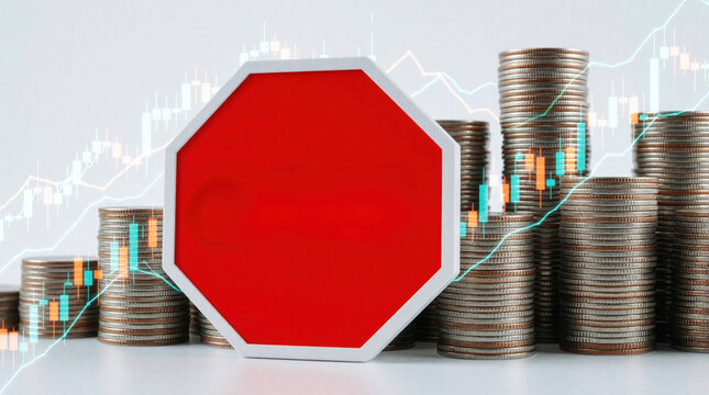 Red stop sign stands in front of stacks of coins, rising stock market chart. Financial growth meets economic crisis market halt. Investor sees danger in trading sudden profit loss in business