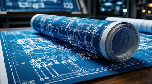 Rolled blue electrical blueprint plan on wooden table. Detailed technical drawing for engineering construction design project. Industry schematics and layout.