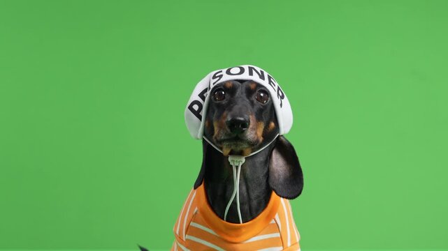 A black and tan dachshund dog wears an orange striped top and a soft white cap with jail themed lettering, tilting its gaze upward on a green screen, a playful take on mischief and rule breaking.