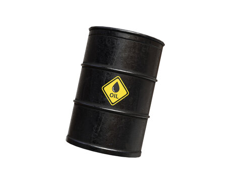 Crude oil barrel icon on transparent background. Crude oil, gas price, energy, fossil fuel and industry concept. Black fuel barrel with yellow oil icon. 3d render