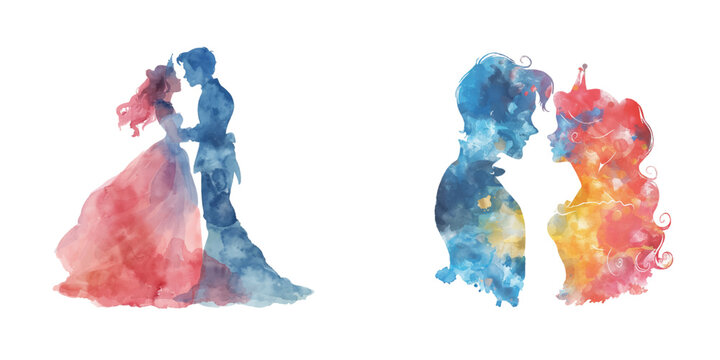 abstract color silhouette of prince and princess watercolor vector illustration