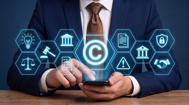 Man in suit using smartphone displaying digital copyright law intellectual property virtual icons.