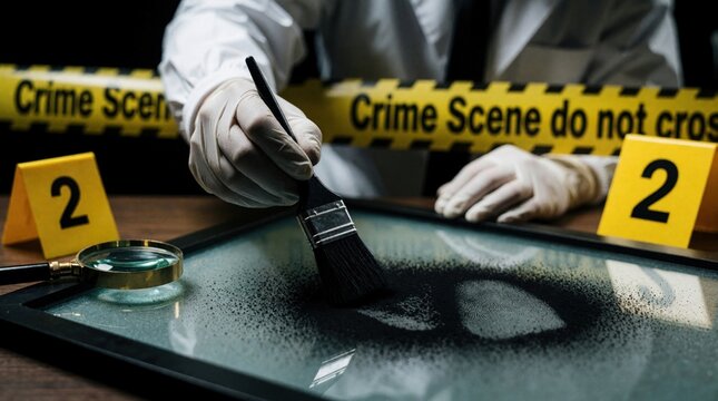 Forensic specialist dusts for fingerprint evidence at crime scene. Gloved hand uses brush and powder on glass. Magnifying glass nearby, crime scene tape and marker.