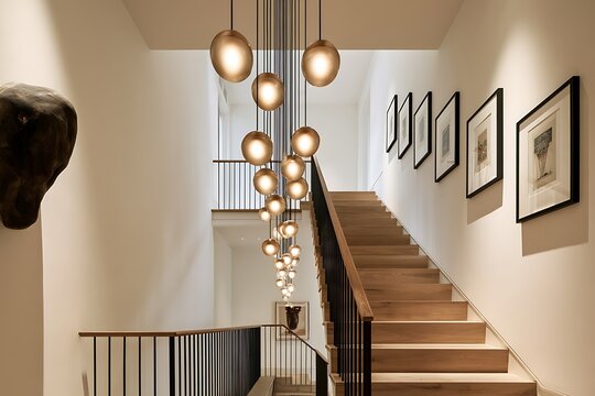 Modern staircase interior with a dramatic multipendant globe chandelier and wooden steps in a luxury residential home