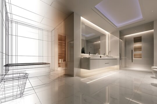 Modern luxury bathroom interior design with wireframe overlay