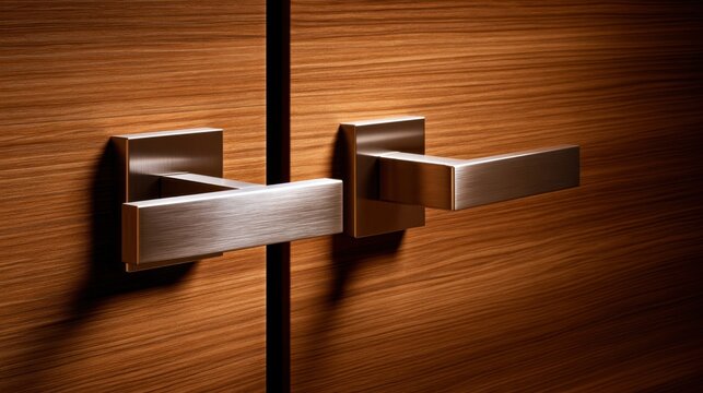 Modern door handles on a wooden surface, showcasing sleek design and craftsmanship