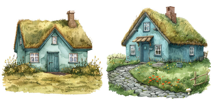 turf house iceland watercolor vector illustration