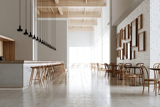 Interior view of a modern restaurant with wooden ceiling beams, brick wall with picture frames, and bar seating area