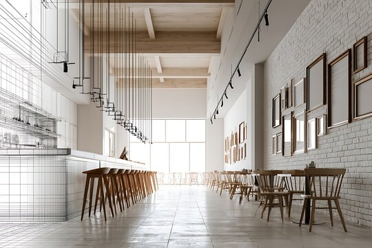 Restaurant interior design concept showing a blend of wireframe architectural sketch and finished realistic rendering