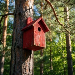 Fototapeta premium Red wooden birdhouse fixed on tree trunk. Simple shelter with round entrance hole in sunlit forest. Blurry green foliage background, pine tree branches above.