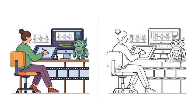 Animator working on character design with robot assistant, animation software