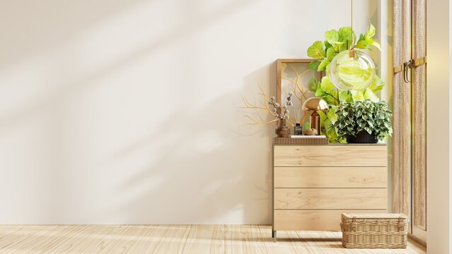 Warm interior with wooden chest of drawers, houseplants and blank wall copy space- 3D rendering