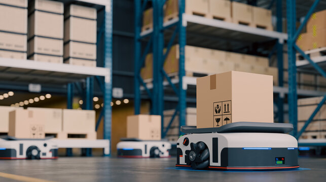 Autonomous warehouse robot carrying a cardboard box with a robotic fleet in the background- 3D rendering