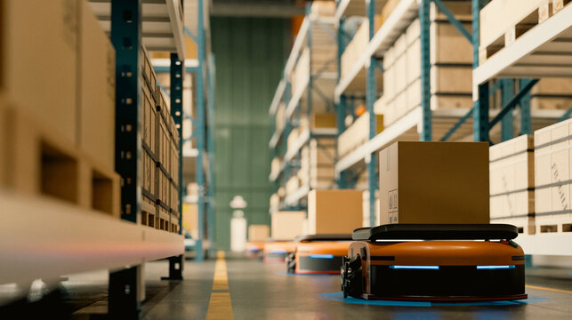 Autonomous mobile robots transporting cardboard boxes in a modern warehouse- 3D rendering