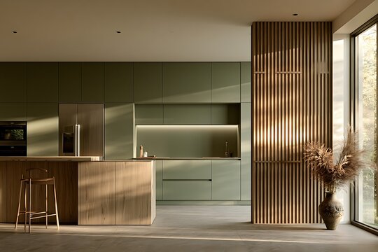 Modern kitchen interior with olive green cabinets, wooden island, and slatted wood wall feature in a bright, contemporary home