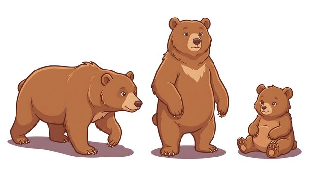 Three brown bears stand in a vector illustration with a white background