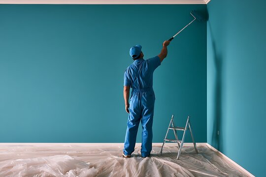 A painter in blue overalls using a paint roller to apply teal paint to a wall in a room with a ladder and floor protection