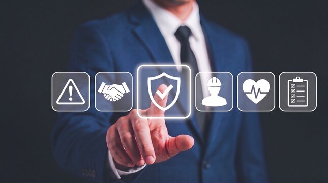 Businessman pointing at security shield icon with safety checkmark symbol for industrial compliance.