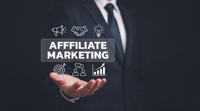 Businessman presenting affiliate marketing text with digital partnership and megaphone icons design.