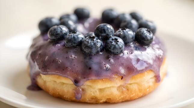 Artisanal donut showcasing a vibrant blueberry-flavored glaze and a generous topping of fresh, ripe blueberries, capturing the essence of a delightful sweet snack or breakfast