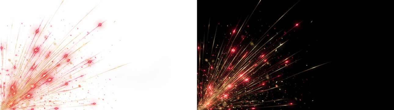 Red fireworks burst fanning from the corner with glowing embers and thin gold rays for celebratory effect designs PNG, Transparent and Black Background Versions