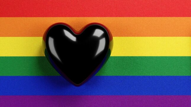 Black heart shape lies on rainbow pride flag. Symbol of mourning, grief, loss within LGBT community. Concept for remembrance, funeral death of queer person. Sadness, solidarity expressed through dark