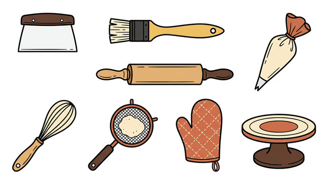 Kitchen baking utensils tools in bakery cook whisk of pin rolling pastry oven mitt glove
