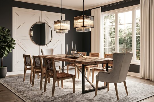 Elegant dining room with a rustic wooden table, upholstered wingback chairs, woven leather chairs, and modern tiered glass pendant lights