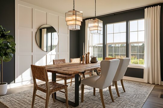 Sophisticated dining room featuring a rustic wood table, woven leather chairs, white wainscoting, and tiered glass pendant lighting