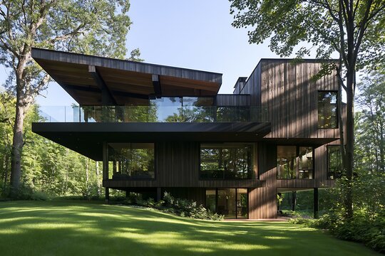 Modern luxury house with dark wood siding and large glass windows, set in a lush green forest landscape during the day