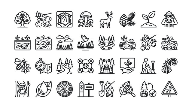 Collection of nature and outdoor activity icons with transparent background