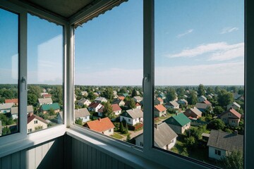 Obraz premium View from modern apartment balcony with large white windows. Residential area with small houses, green trees under clear blue sky. High floor terrace overlooks suburban neighborhood, peaceful town