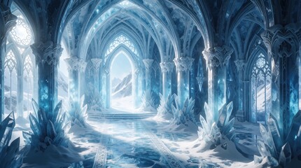 Obraz premium Majestic ice palace interior with glowing crystal formations and gothic arches. Snow covered landscape visible through large windows. Ethereal blue light illuminates a grand crystalline hall.