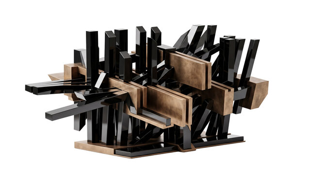 Abstract Constructivist Sculpture with Glossy Black and Brushed Bronze Geometric Beams on White Background