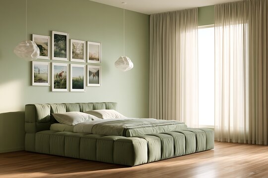 Modern minimalist bedroom with sage green walls, low platform bed, soft lighting, and a gallery wall featuring wildlife and forest photography prints