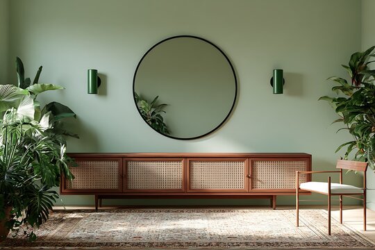 Modern midcentury entryway with a wooden rattan sideboard, round black mirror, green wall, and indoor plants, creating a stylish and cozy home interior