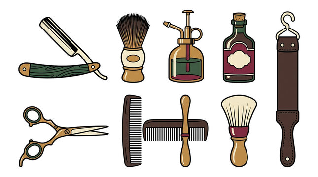 Haircut barber grooming razor in scissors comb brush of shaving salon vintage barbershop tool set