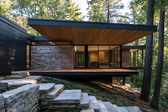 Contemporary forest home featuring a wide cantilevered roof, wooden deck, and natural stone masonry, surrounded by tall trees and stone stairs