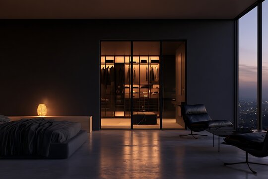 Modern luxury bedroom interior with dark walls, minimalist bed, lounge chairs, and a glowing walkin closet with glass doors overlooking a city skyline