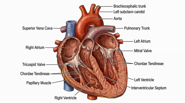 Human heart anatomical cross section diagram showing internal chambers and major blood vessels