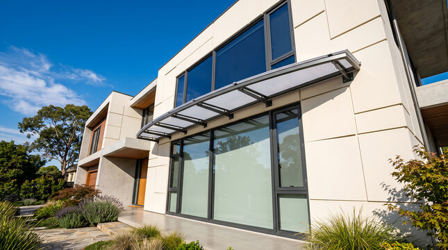 Exterior view of a beige concrete house with large smart glass windows, pcm wall system, a metal awning, and landscaped garden under a clear blue sky