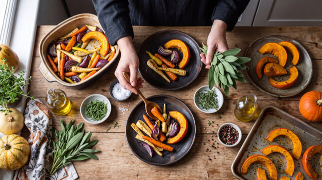 Person plating roasted autumn root vegetables on wooden table