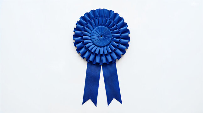 Blue rosette ribbon award prize isolated on white background for first place winner
