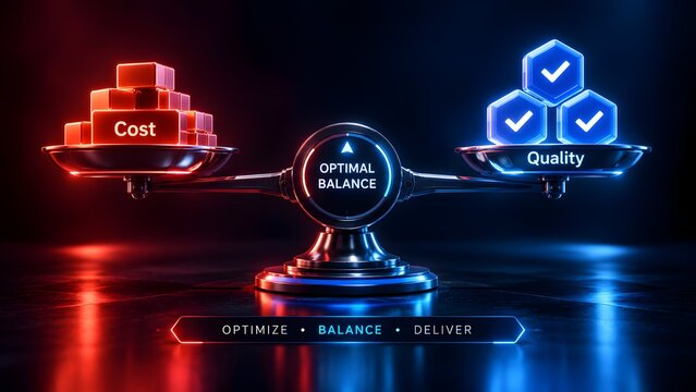 Glowing balance scale measuring cost against quality with neon checkmarks and blocks business concept