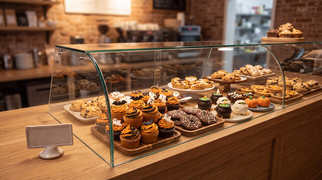 Halloween themed pastries and cupcakes inside a bakery display case
