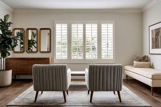 Modern living room interior with two grey armchairs, wooden console table, and large window with plantation shutters